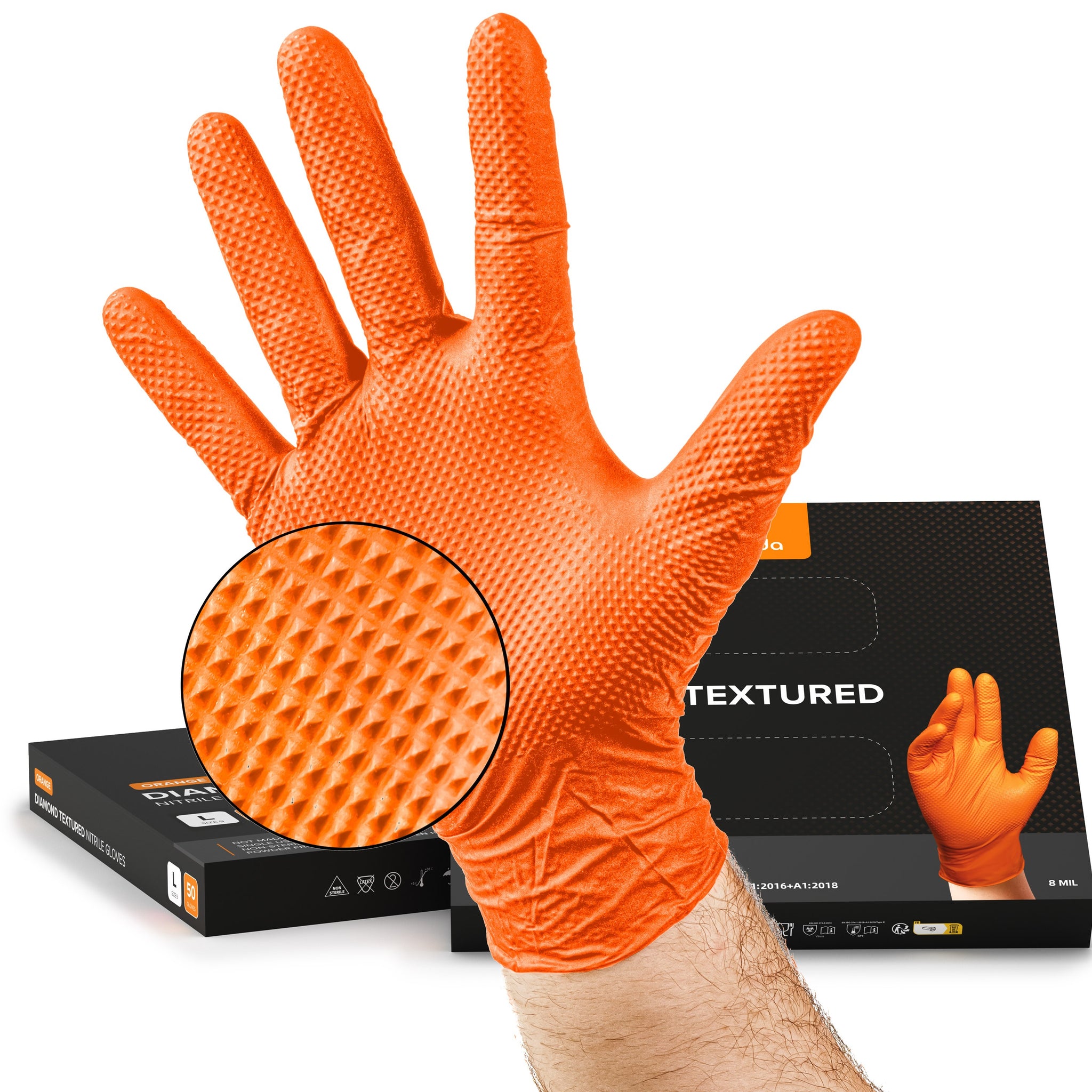 NIMEDA® Nitrilhandschuhe 50 Stück- Orange 2-3 x Dicker mit Diamant Textur